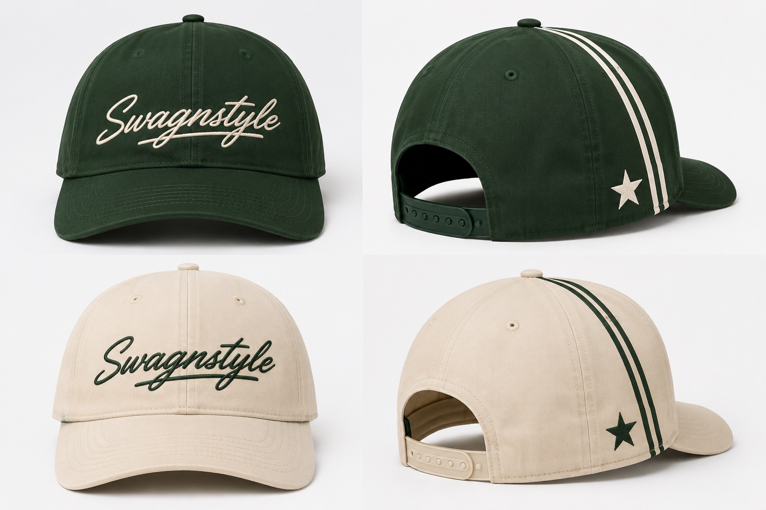 Swagnstyle forest green and cream script caps